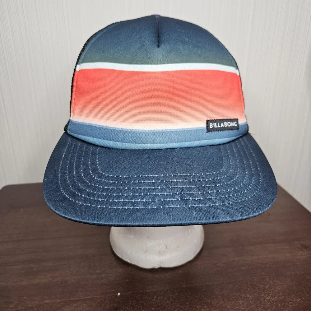 Billabong Trucker Hat Mens OS Blue Sunset Stripe Flat Brim Mesh Back Snapback